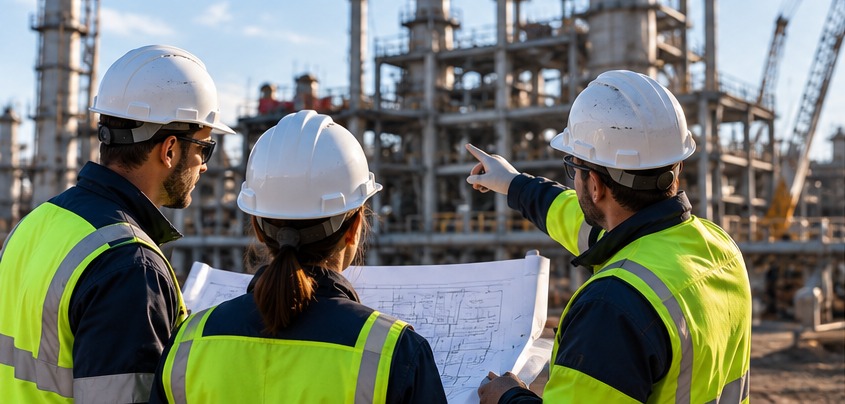 Équipe de supervision industrielle examinant des plans sur site